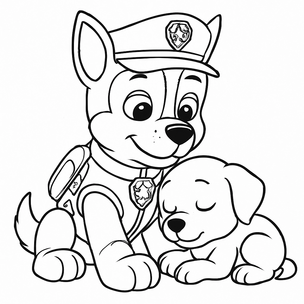 Paw Patrol's Chase comforting a puppy